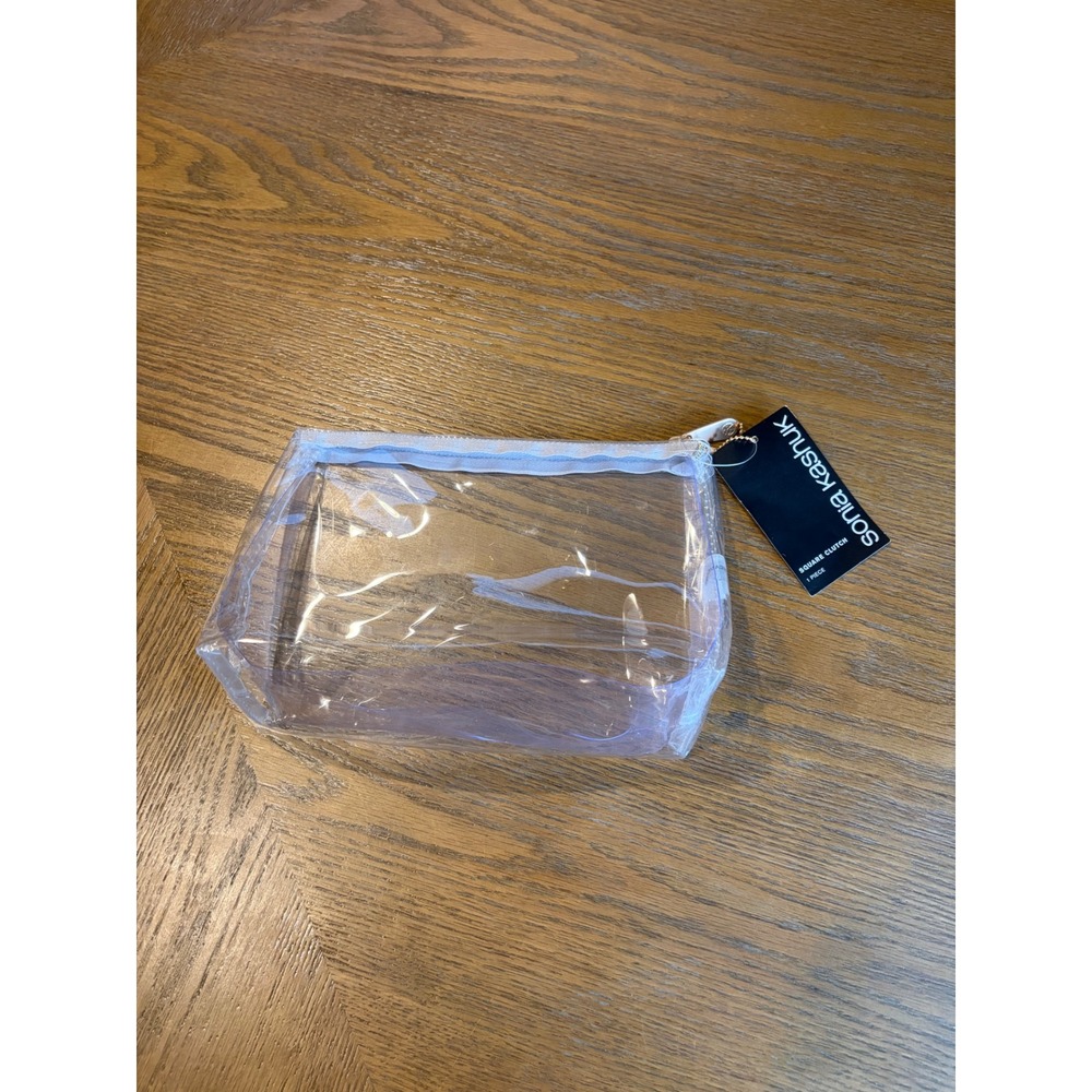 Sonia Kashuk Clear Square Clutch Makeup Bag Travel Toiletry Pouch Gold Zipper